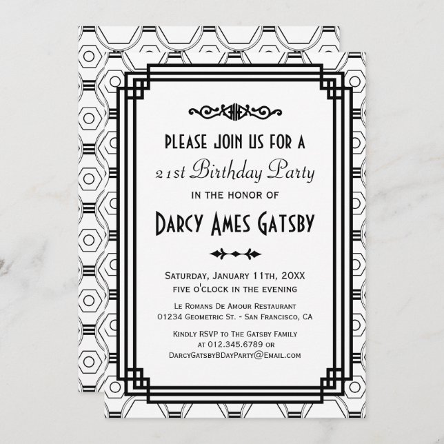 Invitations de la fête d'anniversaire Art déco bla (Devant / Derrière)