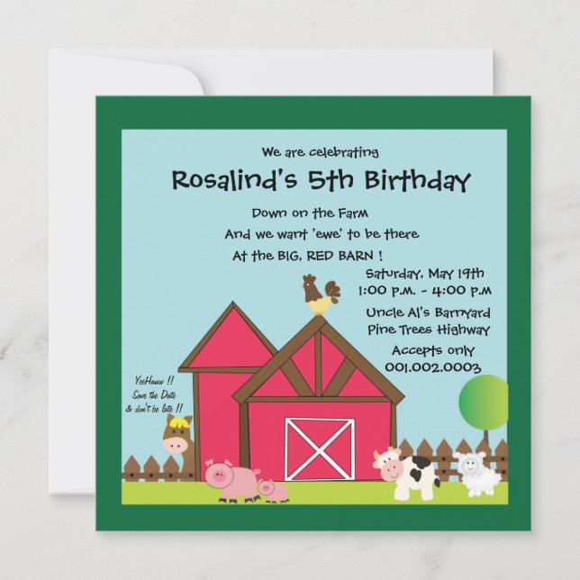 invitations de la fête d'anniversaire de Barnyard  (Devant)