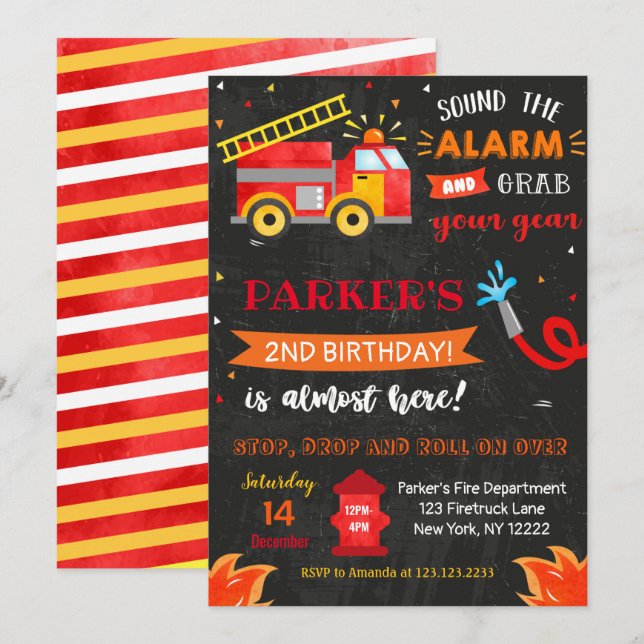 Invitations de la fête d'anniversaire de Firetruck (Devant / Derrière)