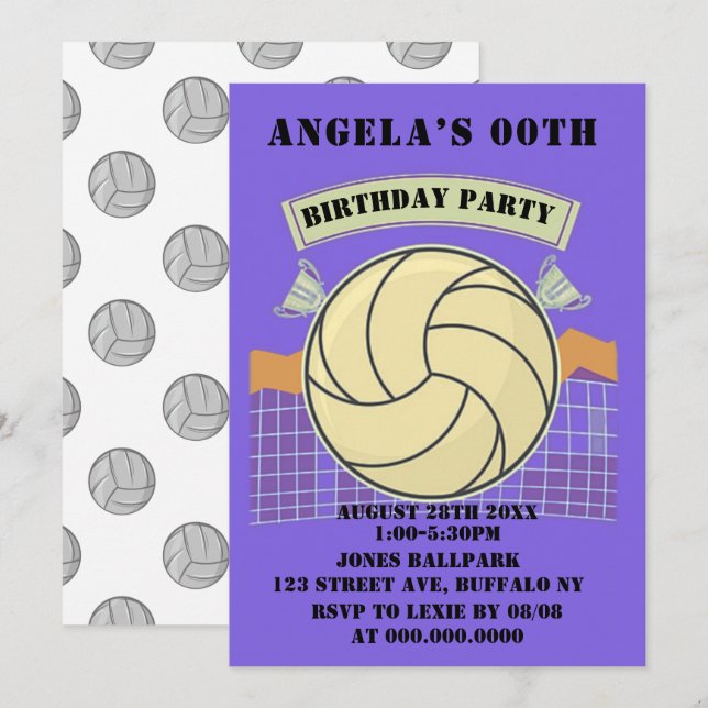 Invitations de la fête d'anniversaire de volley-ba (Devant / Derrière)