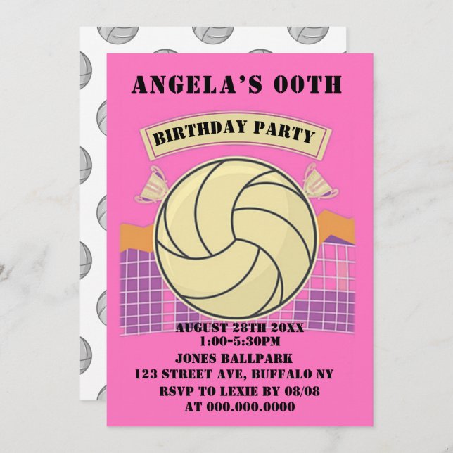 Invitations de la fête d'anniversaire de volley-ba (Devant / Derrière)