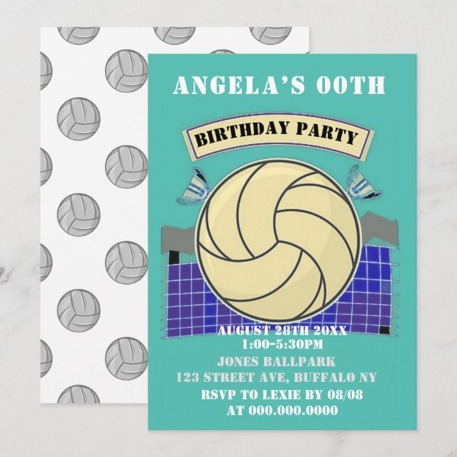Invitations de la fête d'anniversaire de volley-ba (Devant / Derrière)