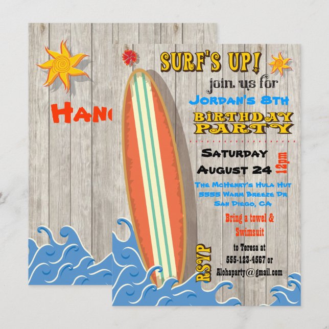 Invitations de la fête d'anniversaire du surf (Devant / Derrière)