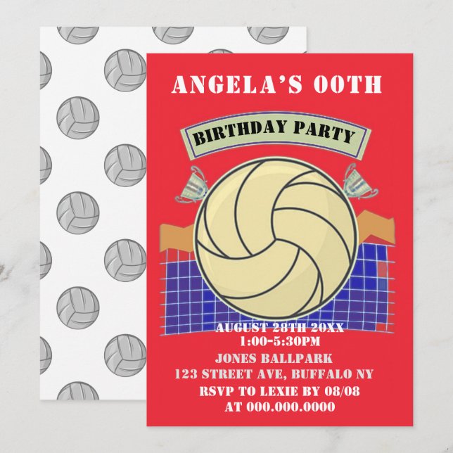 Invitations de la fête d'anniversaire du volley-ba (Devant / Derrière)