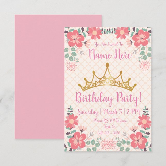 Invitations de la fête d'anniversaire Princess (Devant / Derrière)