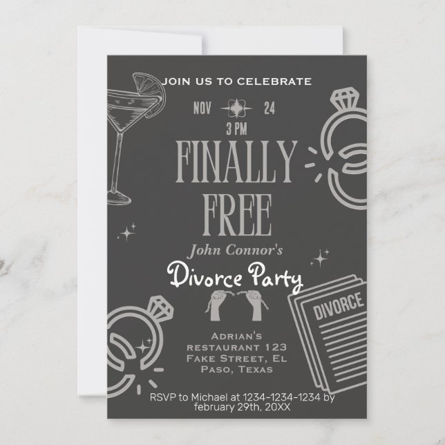 Invitations de la fête de divorce : Enfin libre, f (Devant)
