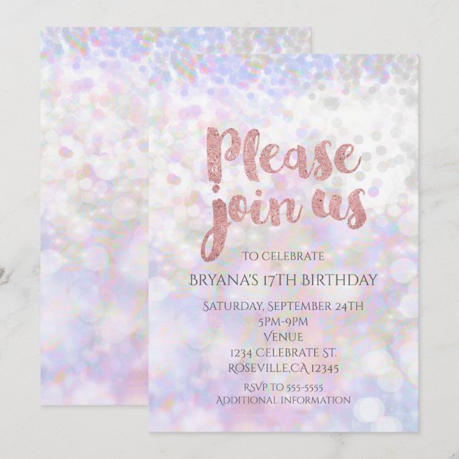 Invitations de la fête de glam rose Iridescente (Devant / Derrière)