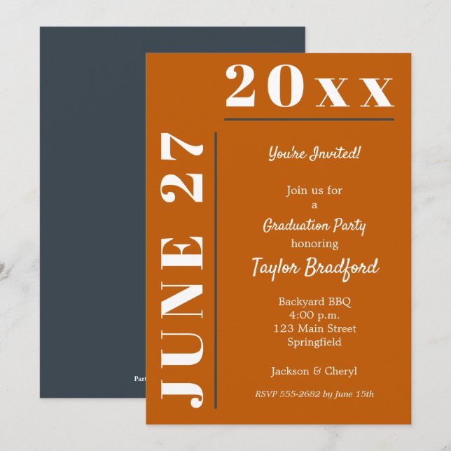 Invitations de la fête de graduation blanche orang (Devant / Derrière)