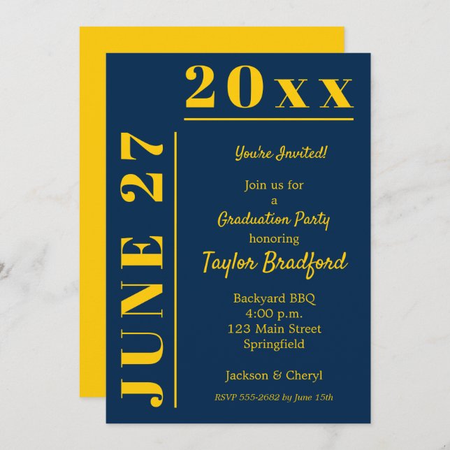 Invitations de la fête de graduation jaune et bleu (Devant / Derrière)