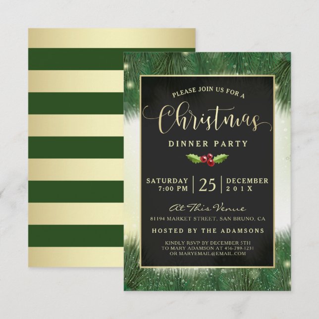 Invitations de la fête de Noël Green & Gold (Devant / Derrière)