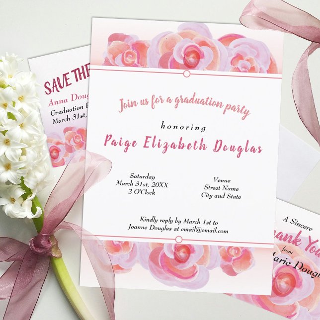 Invitations de la fête de Peach et Rose Rose Rose (dusty peach coral pink floral graduation party invitations for girl spring springtime)