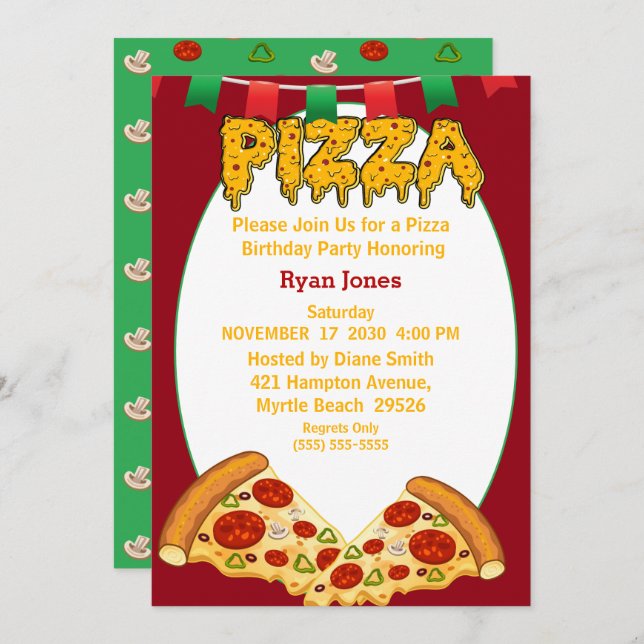 Invitations de la fête de pizza (Devant / Derrière)