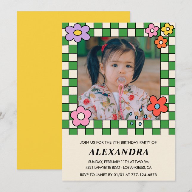 Invitations de la fille 7e anniversaire Retro Supe (Devant / Derrière)