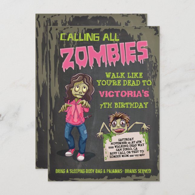 Invitations de la Fille Zombie fête d'anniversaire (Devant / Derrière)