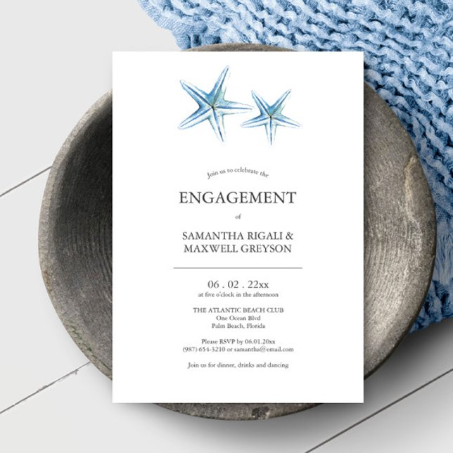 Invitations de la partie d'engagement de plage Aqu (Beach engagement party invites feature unique watercolor starfish art by Victoria Grigaliunas)