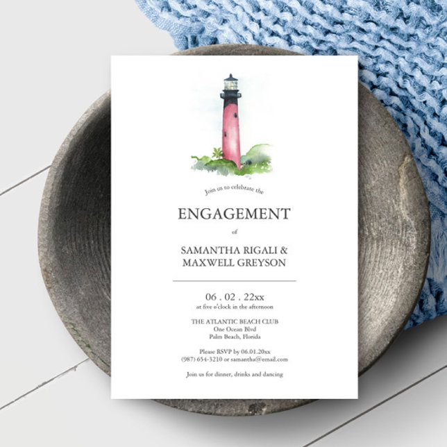 Invitations de la partie d'engagement du phare côt (Online engagement invitations feature unique nautical lighthouse art by Victoria Grigaliunas)