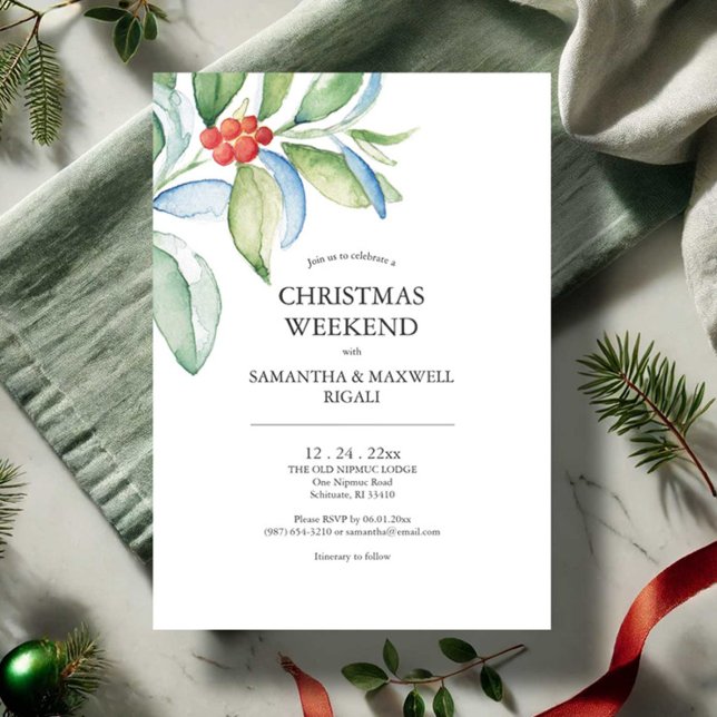 Invitations de la partie d'engagement Festive verd (Christmas weekend invitations features botanical red and green watercolor art Victoria Grigaliunas)