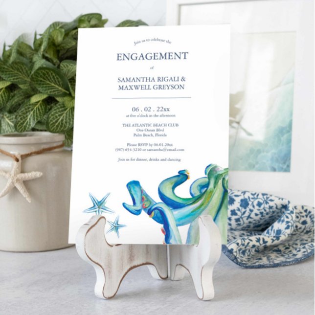 Invitations de la partie d'engagement nautique Oct (Unique watercolor engagement invitations feature sea creatures art by Victoria Grigaliunas)