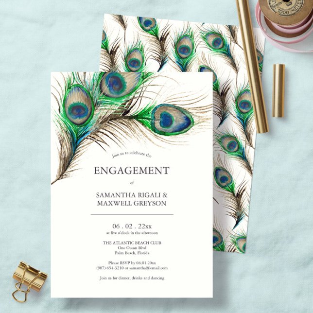 Invitations de la partie d'engagement Peacock Feat (Engagement party invitations feature watercolor peacock feathers art by Victoria Grigaliunas)