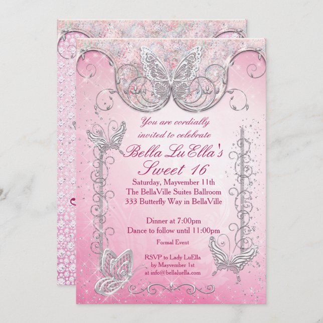 Invitations de la partie papillon diamant (Devant / Derrière)