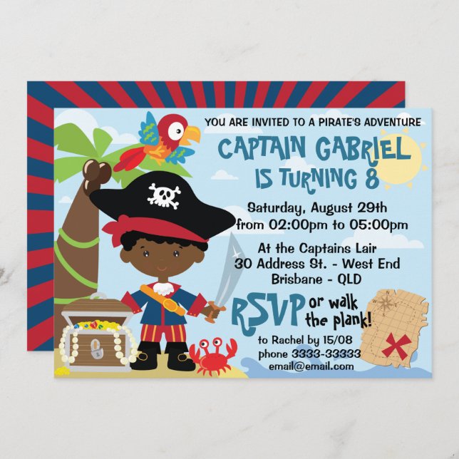 Invitations de la partie pirate de garçon afro-amé (Devant / Derrière)