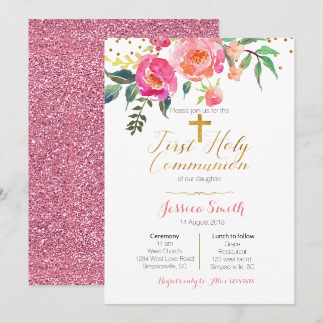Invitations de la première communion sainte floral (Devant / Derrière)