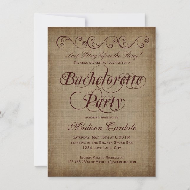 Invitations de la soirée de bachelorette rustique (Devant)