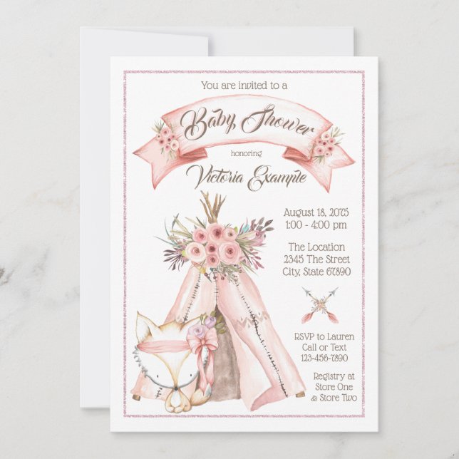 Invitations de la tribu TeePee Fox Baby Girl Showe (Devant)