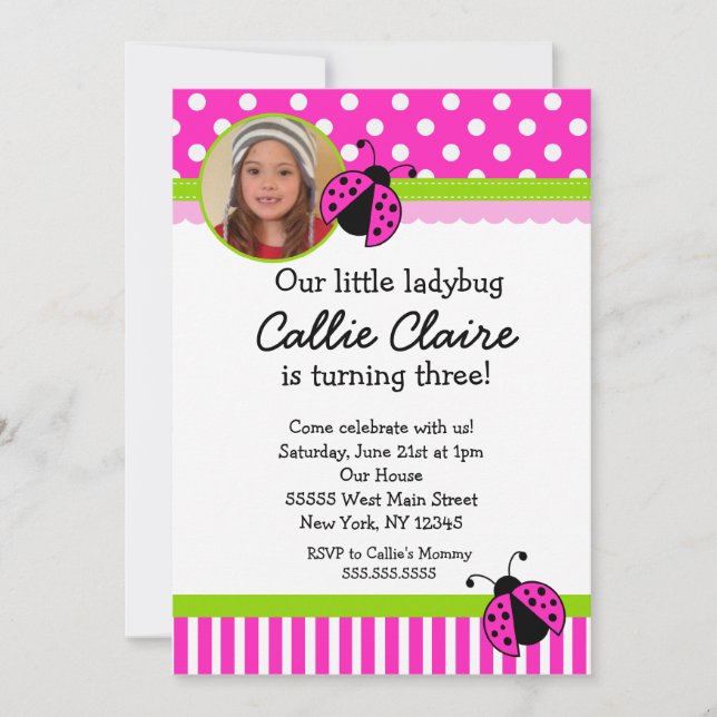 Invitations de Ladybug BIrthday à Hot Pink et Gree (Devant)