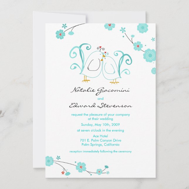 Invitations de lovebirds bleus et de fleurs (Devant)