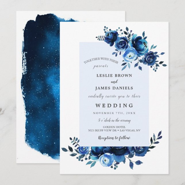 Invitations de mariage à la florale bleue (Devant / Derrière)