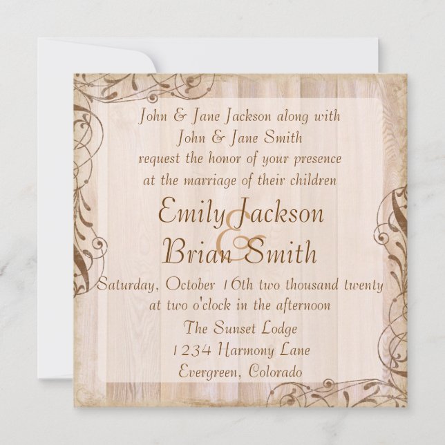 Invitations de mariage à thème marron bois rustiqu (Devant)