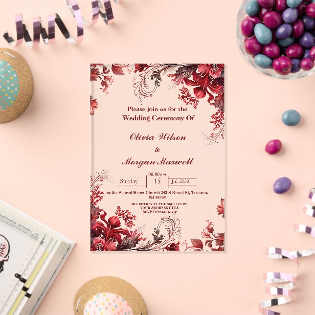 Invitations de mariage acrylique rose et rouge à f (Insitu (Célébration))