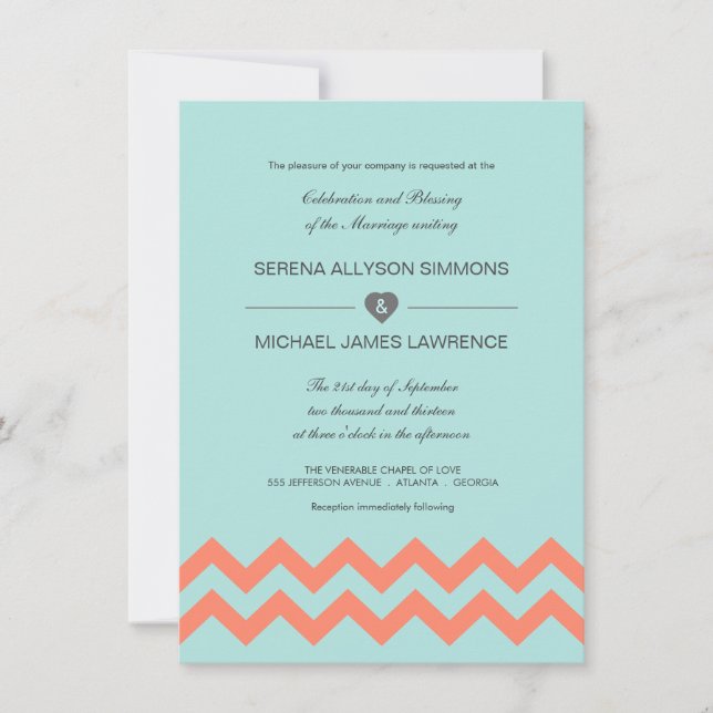 Invitations de mariage Aqua Blue & Coral Chevron (Devant)