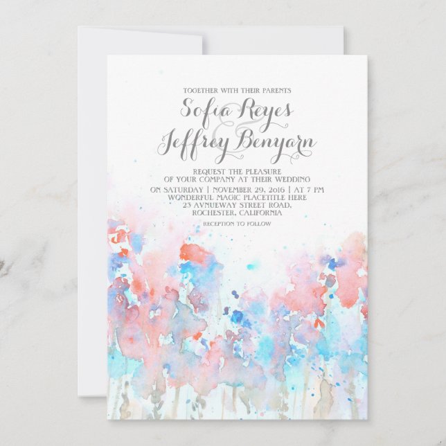 Invitations de mariage aquarelle - Fleurs roses bl (Devant)