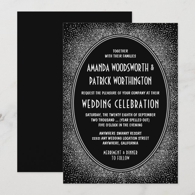 Invitations de mariage Art déco noir et argent Foi (Devant / Derrière)