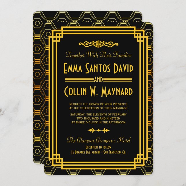 Invitations de mariage Art Déco Noir et Or (Devant / Derrière)