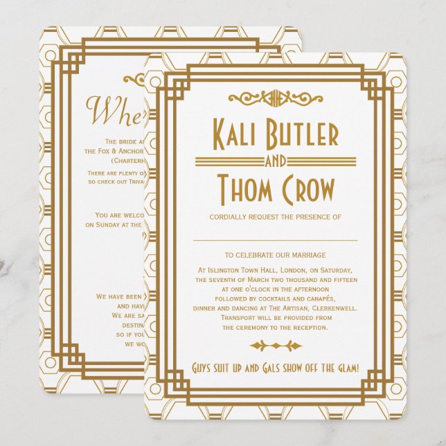 Invitations de mariage blanc Art déco personnalisé (Devant / Derrière)