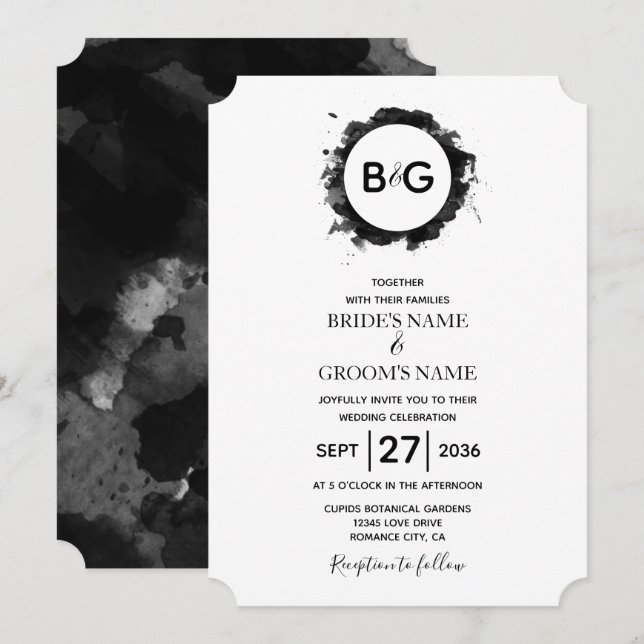 Invitations de mariage blanc noir simple (Devant / Derrière)