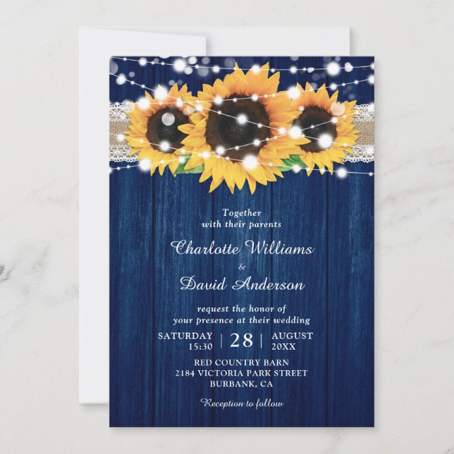 Invitations de mariage bleu et tournesol de la mar (Devant)