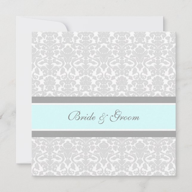 Invitations de mariage bleu gris blanc Damas (Devant)