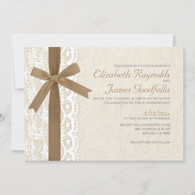 Invitations de mariage Brown Bow & Lace (Devant)