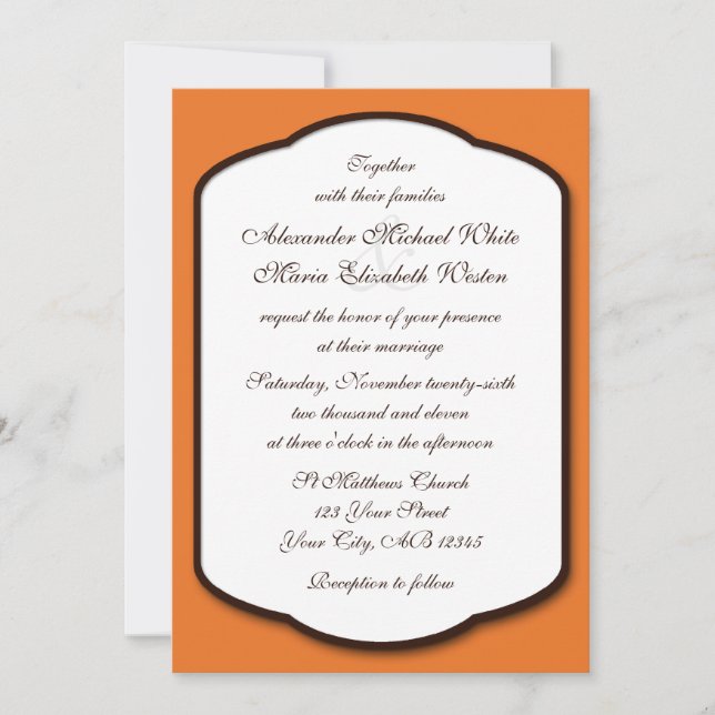 Invitations de mariage Brown et blanc orange (Devant)