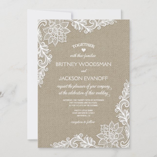 Invitations de mariage Burlap et Floral Lace (Devant)