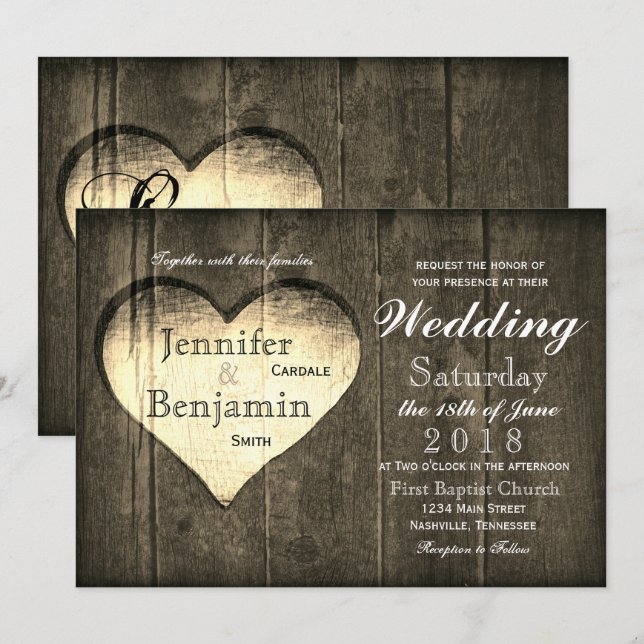 Invitations de Mariage campagnard de coeur de bois (Devant / Derrière)