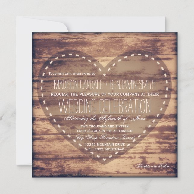 Invitations de Mariage campagnard en bois de grang (Devant)