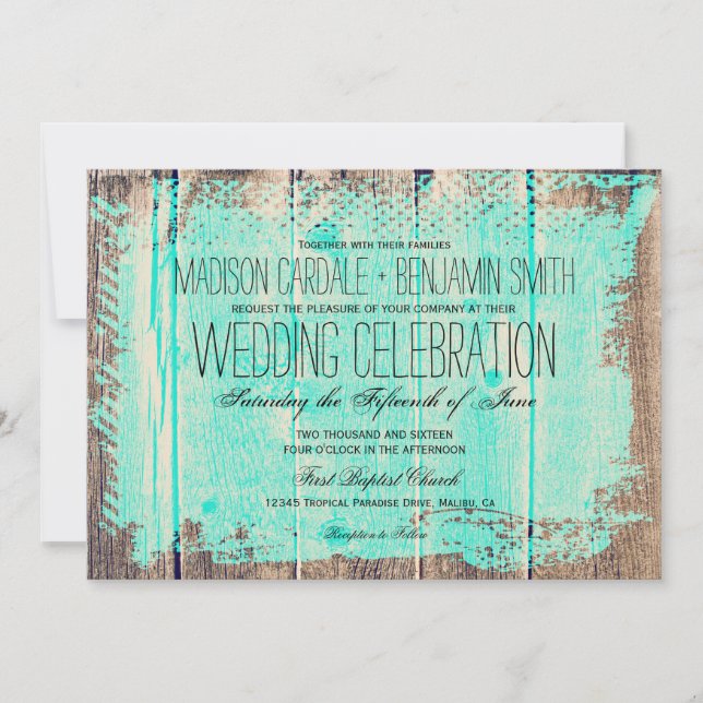 Invitations de Mariage campagnard Rustic Wood Aqua (Devant)