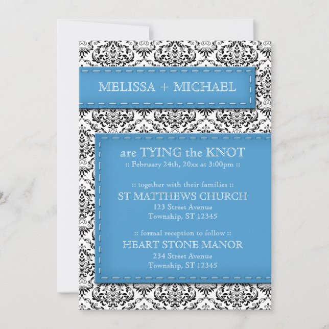 Invitations de Mariage damassé en plan bleu (Devant)