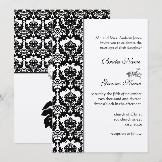 Invitations de Mariage damassé noir (Devant / Derrière)
