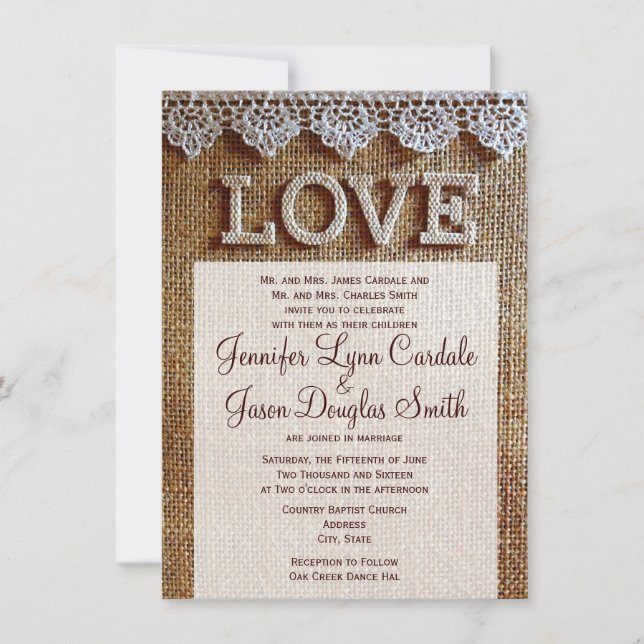 Invitations de mariage d'AMOUR rustique de toile (Devant)